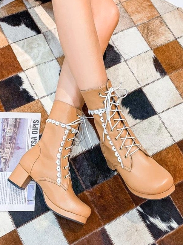 Lolita ankle boots collection featuring multiple color options in pink, black, lavender, brown, and cream with round toe and lace-up block heel design