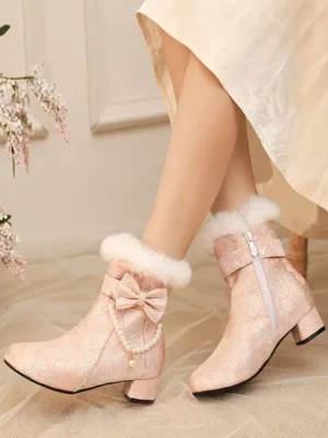 pastel-pink-lolita-ankle-boots-pearl-chain-bow-fuzzy-fur-cuff-block-heel-angled-dual-side-wearing-view