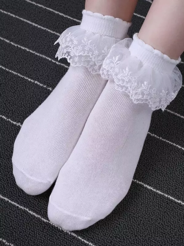 White and black delicate lace ruffle ankle socks collection for lolita fashion, showing color variety and cuff design details for coordinate planning