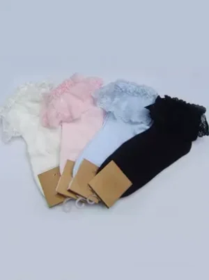 Lolita style ankle socks collection with delicate lace ruffle cuffs in multiple colors including white and black, displayed in flat lay on light gray background