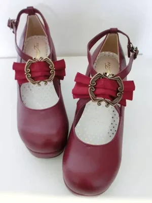 Lolita ankle strap pumps burgundy leather red bow vintage metal buckle polka dot insole front top view