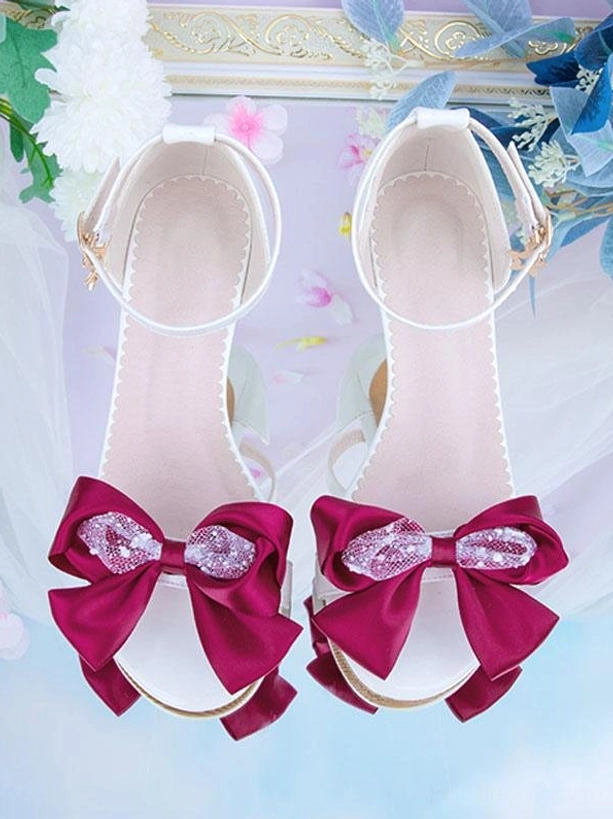 Sweet lolita ankle strap sandals white leather burgundy bow with gemstone accent pointed heel top-down view
