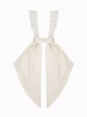 Off-white maid apron pieces with triangular lace-edged components displayed flat, showing complete apron set design