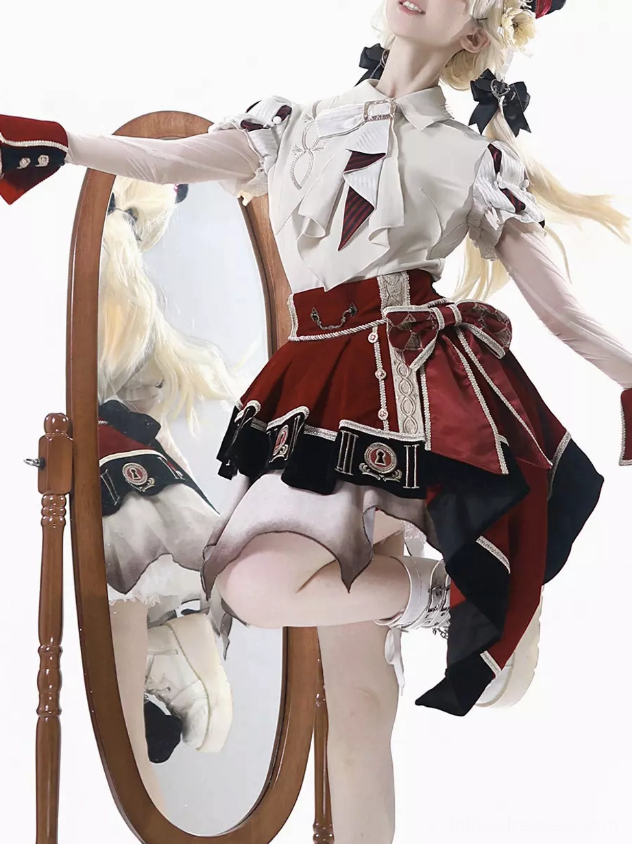 Side view of red and black lolita coordinate showcasing asymmetrical skirt drape and decorative waist belt in three-quarter back angle