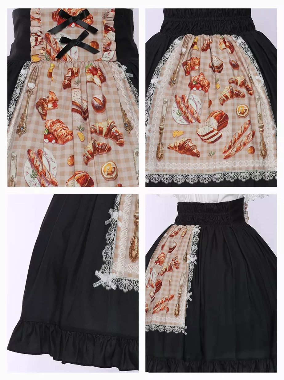 Close-up detail shot of bakery print apron with double black cross ribbons checkered base fabric and intricate food-flower motif