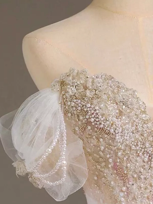 Lolita ballgown dress shoulder bodice detail tulle puff sleeve pearl chain decorations sparkly lace embellishments side view