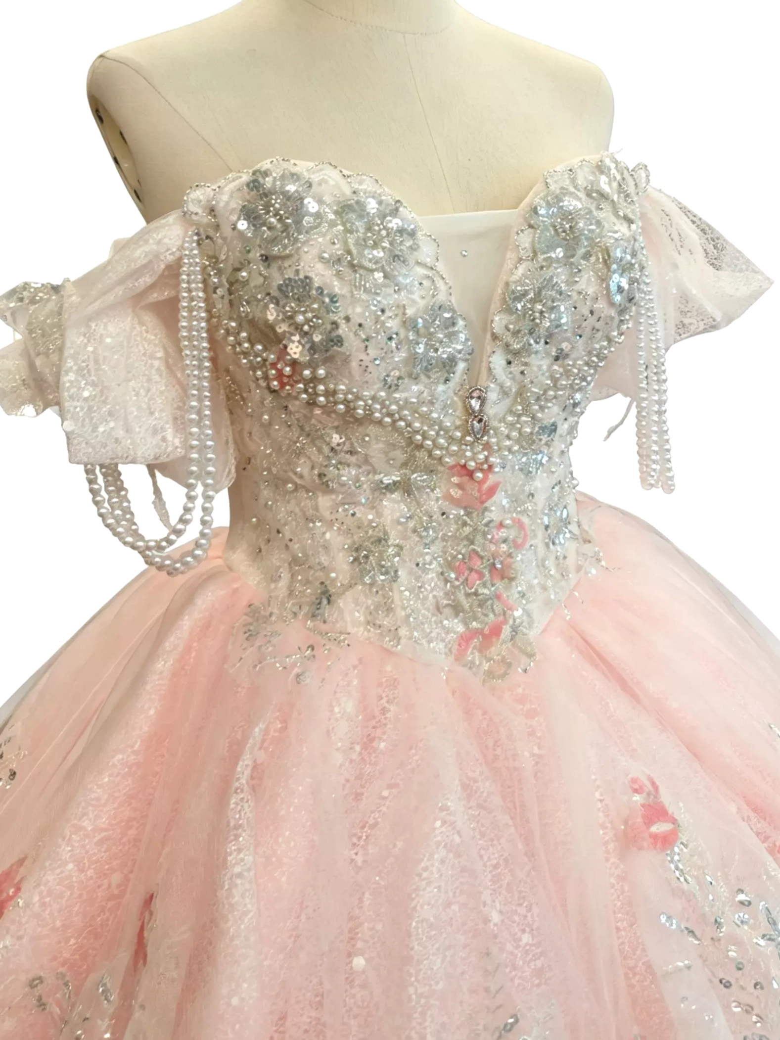 Lolita ballgown dress upper half silver beaded floral bodice pink tulle layered skirt pearl tassel sleeve decoration detail