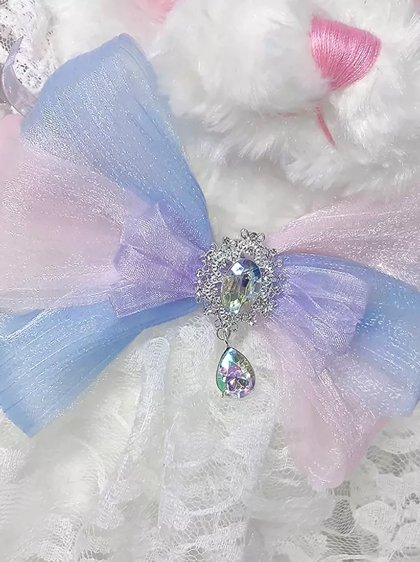Lolita bear bag gradient blue pink organza bow crystal rhinestone buckle teardrop gem pendant elegant embellishment