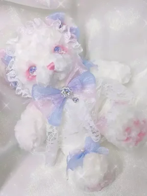 Lolita bear plush bag top-down angle showing chest bow rhinestone detail pink paw pads lace trims sweet fashion accessory