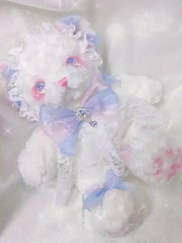Lolita bear plush bag top-down angle showing chest bow rhinestone detail pink paw pads lace trims sweet fashion accessory