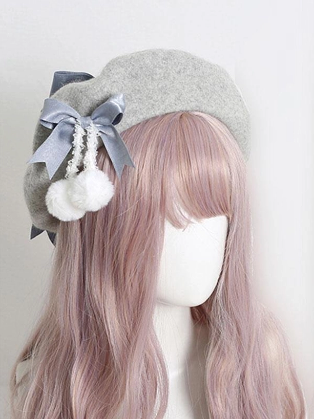 Lolita beret headdress collection showcase displaying multiple color variations with satin bows and pom-pom accents