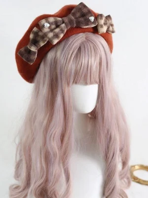 lolita hat accessory reddish-brown beret with decorative plaid bow and pearl studs three-quarter front angle