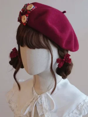 classic sweet lolita headdress beret with plaid bow and wooden button closure top angle
