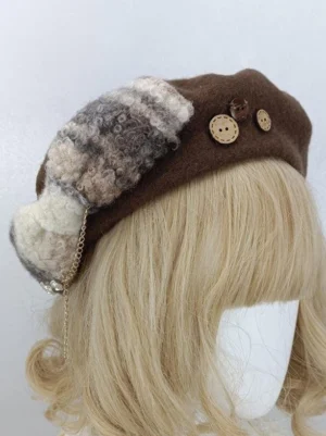 Lolita headdress beret featuring taupe color with plaid embellishment and hanging chain ornament, side front angle showing bow detail