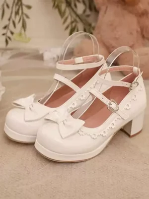 Sweet Lolita double-strap Mary Jane pumps overhead flat lay shot featuring lace vamp trim front bow chunky block heel