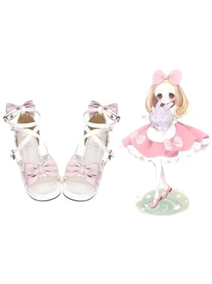 Cute Lolita sandals styled with anime character wearing pink dress, flat lay overhead shot showing color coordination and bow details