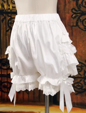 Lolita bloomers back view showing rear layered ruffles long ribbon bows elastic waist and lace leg cuffs detail
