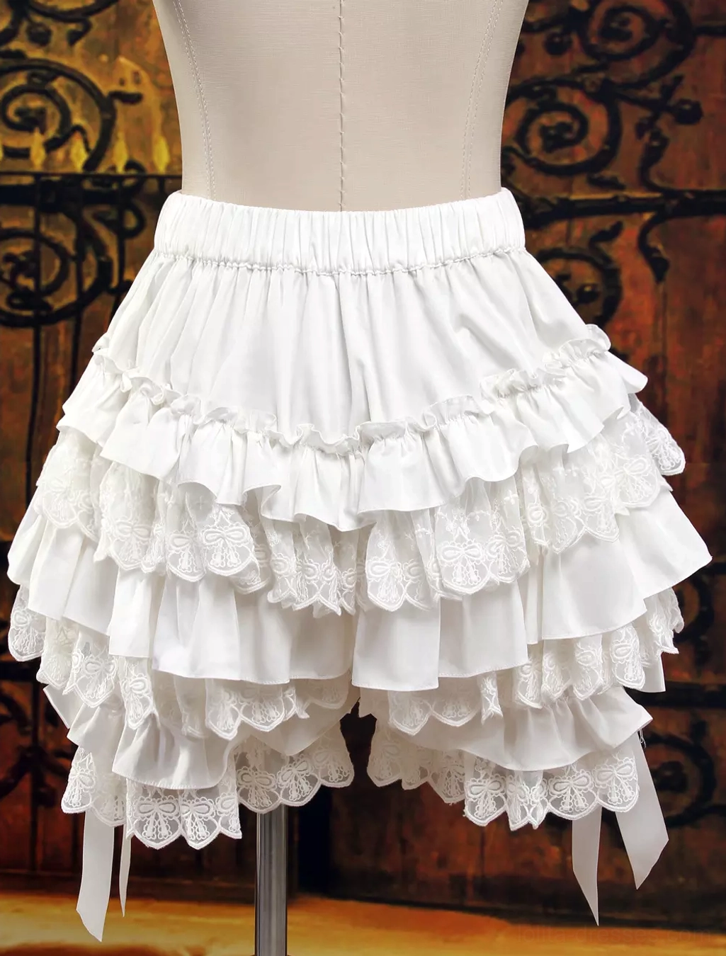 Multi-layered frilled Lolita bloomers front view with extensive ruffled trim lace hems and romantic details