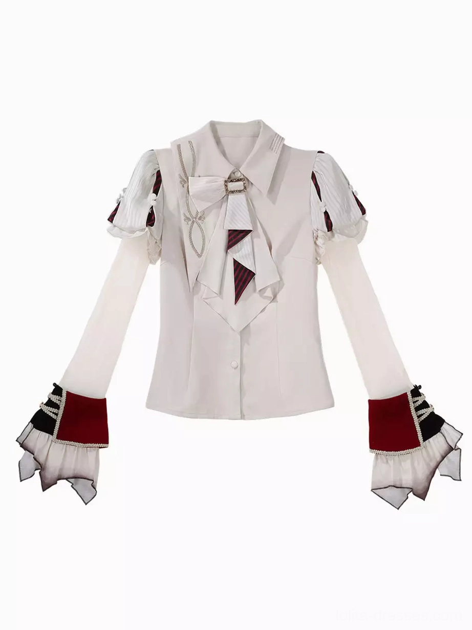 Separated white blouse and decorative cuffs from lolita set featuring sheer long undersleeves, puffy shoulder sleeves, and vintage-inspired necktie