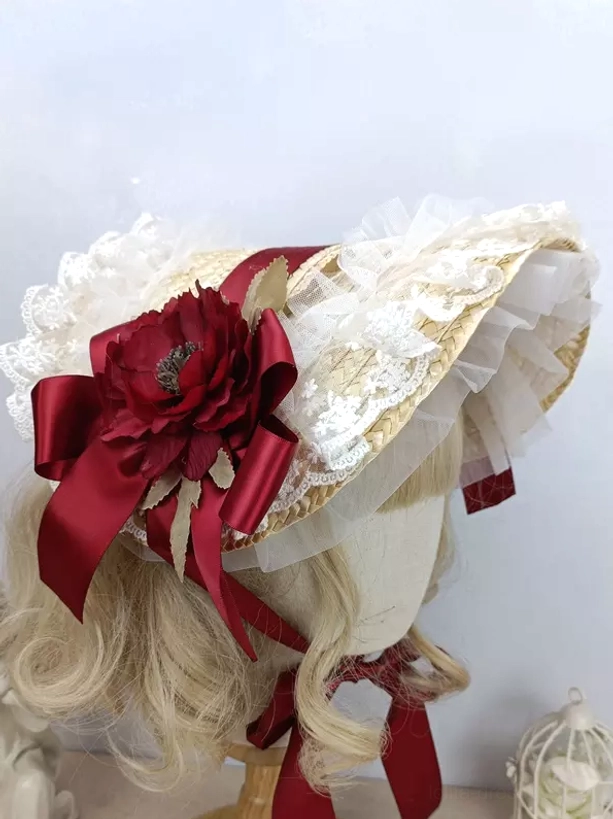 Lolita vintage bonnet collection detail - showing multiple colorway options and embellishment variations for sweet rococo style
