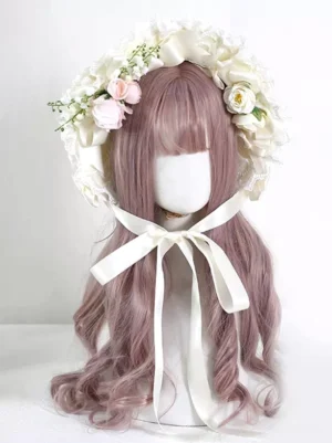 Cream white vintage lolita headdress bonnet with satin bow and delicate lace trim featuring pink cream floral embellishments - pastoral rococo style