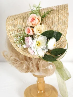 Vintage straw bonnet lolita headdress with floral clusters and green chiffon chin strap rear side view