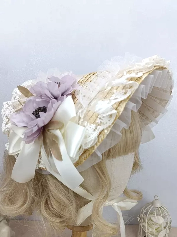 Purple floral lolita headdress with ivory satin bow on straw lace base - romantic rococo style bonnet