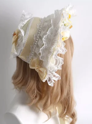 Lolita bonnet side back view showing yellow striped band and decorative bows