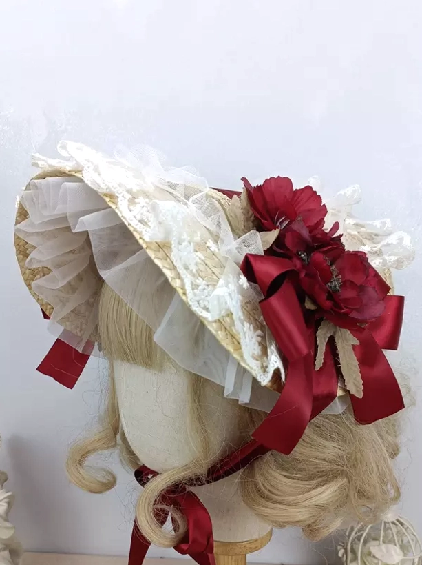 Lolita tea party headdress styling guide - bonnet worn with blonde curly wig showing authentic pastoral fashion coordination