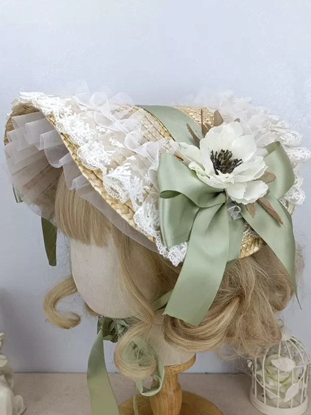 Pastoral lolita vintage bonnet featuring white anemone, sage green bow, and ruffled lace brim detail