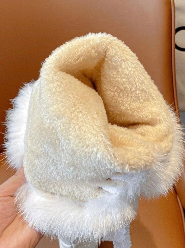 lolita boot interior showing thick plush fleece lining white faux fur trim close-up detail warm winter interior