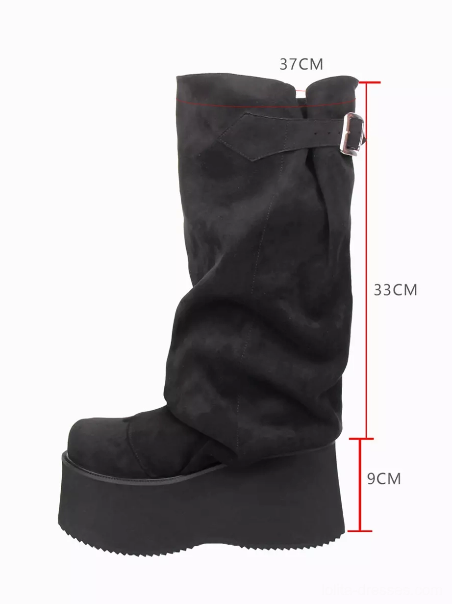 Single black slouchy platform mid-calf lolita boot left side profile with size measurement markers visible, corduroy suede fabric, and functional buckle strap