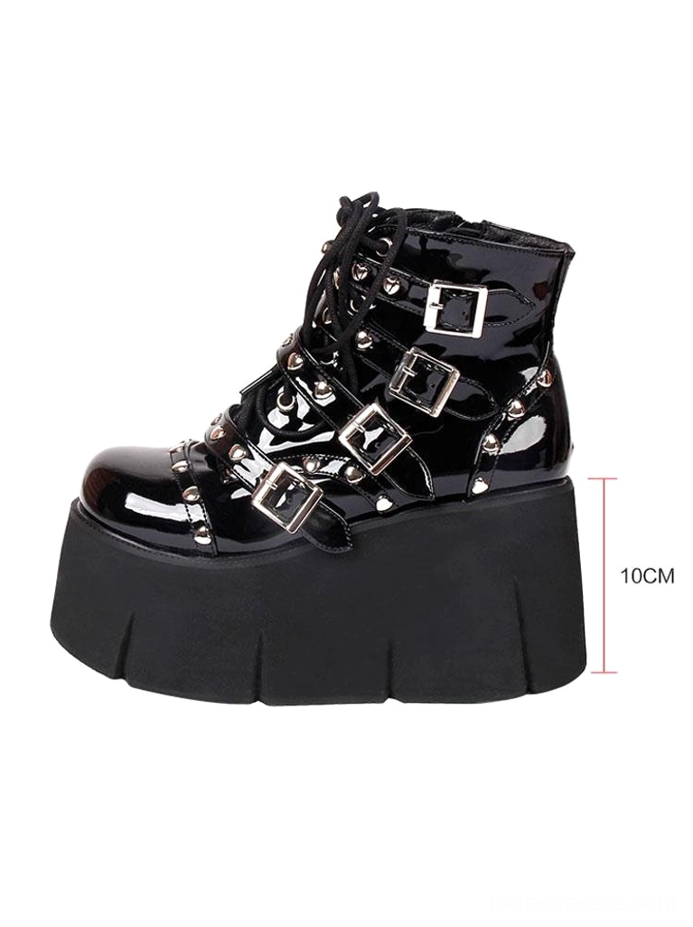 Single Lolita platform boot side view with height measurement showing 10cm wedge heel glossy patent leather construction