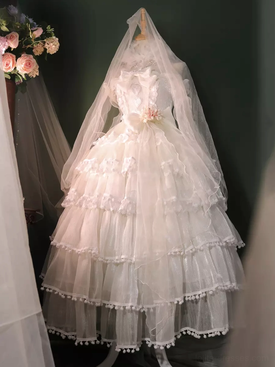 Lolita bridal dress styling guide showing headwear coordination, tiered skirt volume, and authentic hime wedding ensemble presentation