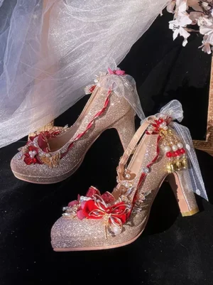 lolita-bridal-pumps-side-profile-ankle-strap-red-bow-embellishments-gold-glitter-upper-chunky-heel