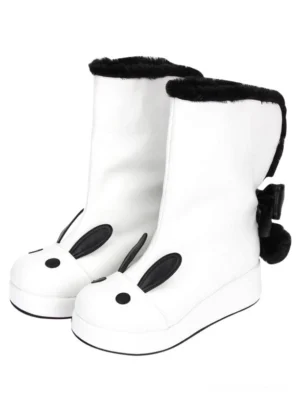 High-top Lolita bunny ear boots three-quarter front view black plush collar white wedge sole detailed design