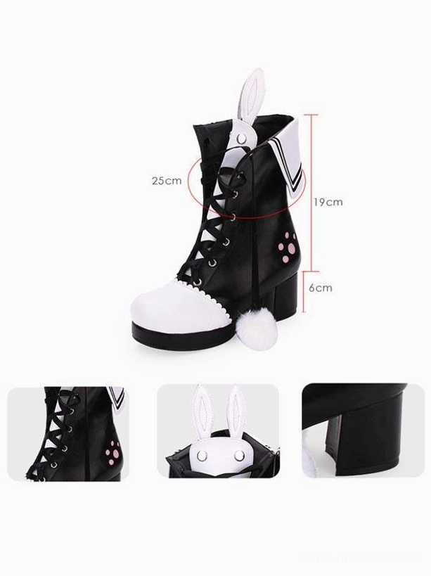 Lolita bunny ear boots composite product showcase with size specifications and close-up details of design elements
