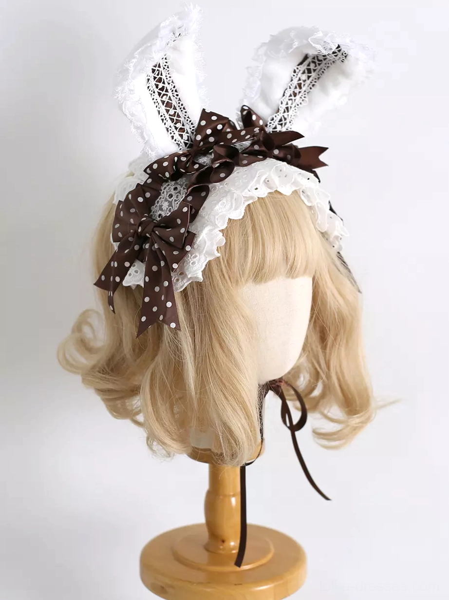 Lolita bunny ear hairband color comparison showing red and pink variations with different bow styles