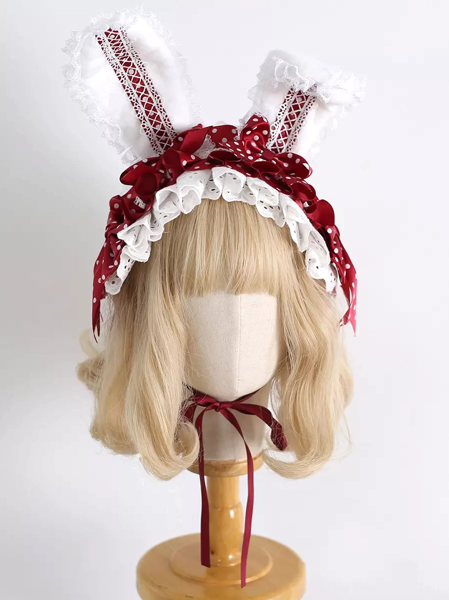 Dark red bow lolita bunny headdress with white ruffled trim and red inner ear lace left front view