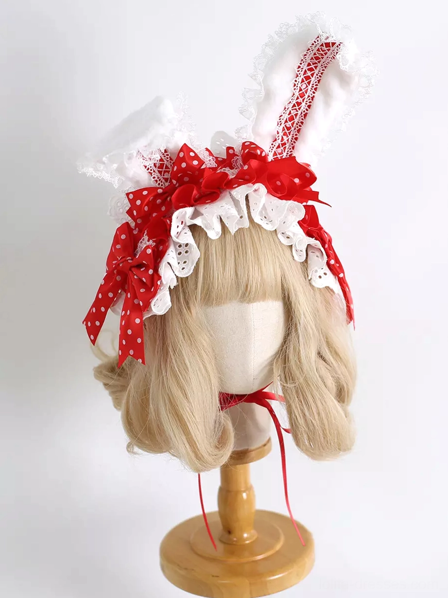Sweet rococo lolita rabbit ear headband with red ribbon bows and white frilled lace edge front display