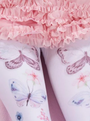 Lolita printed pantyhose close-up upper thigh showing brown blue butterflies and pink flower details