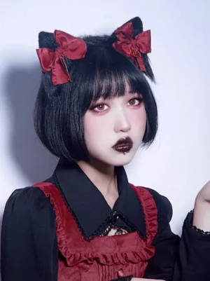 lolita cat ear bow hair accessories side front portrait view model wearing red-black lolita dress with lace collar