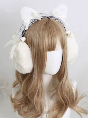 lolita cat ear muff headdress side view showing black headband base and layered lace decoration details