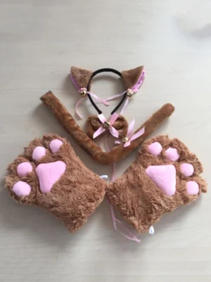 Brown chocolate plush cat ear and paw glove set for lolita fashion with pink paw pads bell and bow embellishments