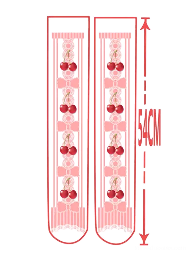 Lolita cherry print over-knee stockings technical schematic drawing front flat view with 54cm total length measurement marking red outlined sock pattern design specifications