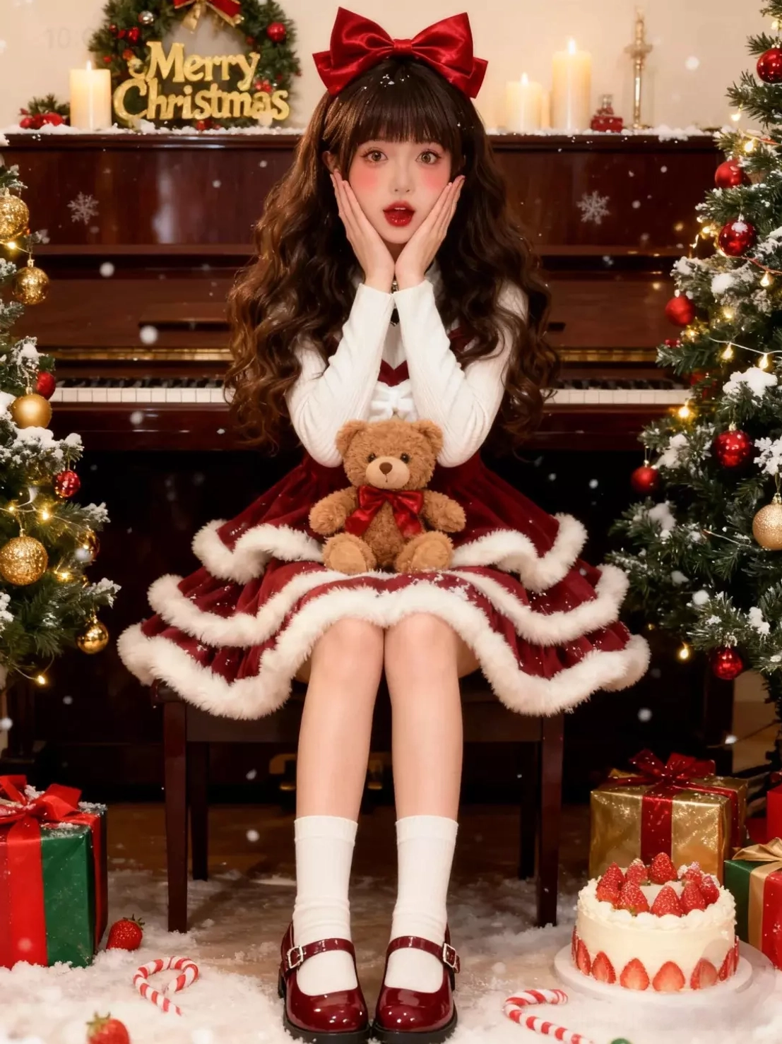 Christmas sweet lolita dress sitting pose front view model with red hair bow teddy bear on lap classic lolita styling piano background