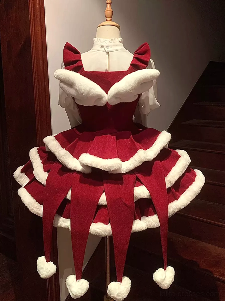 Sweet lolita cake skirt dress red and white with layered ruffles pom-pom tassel hem and fluffy trim details front display