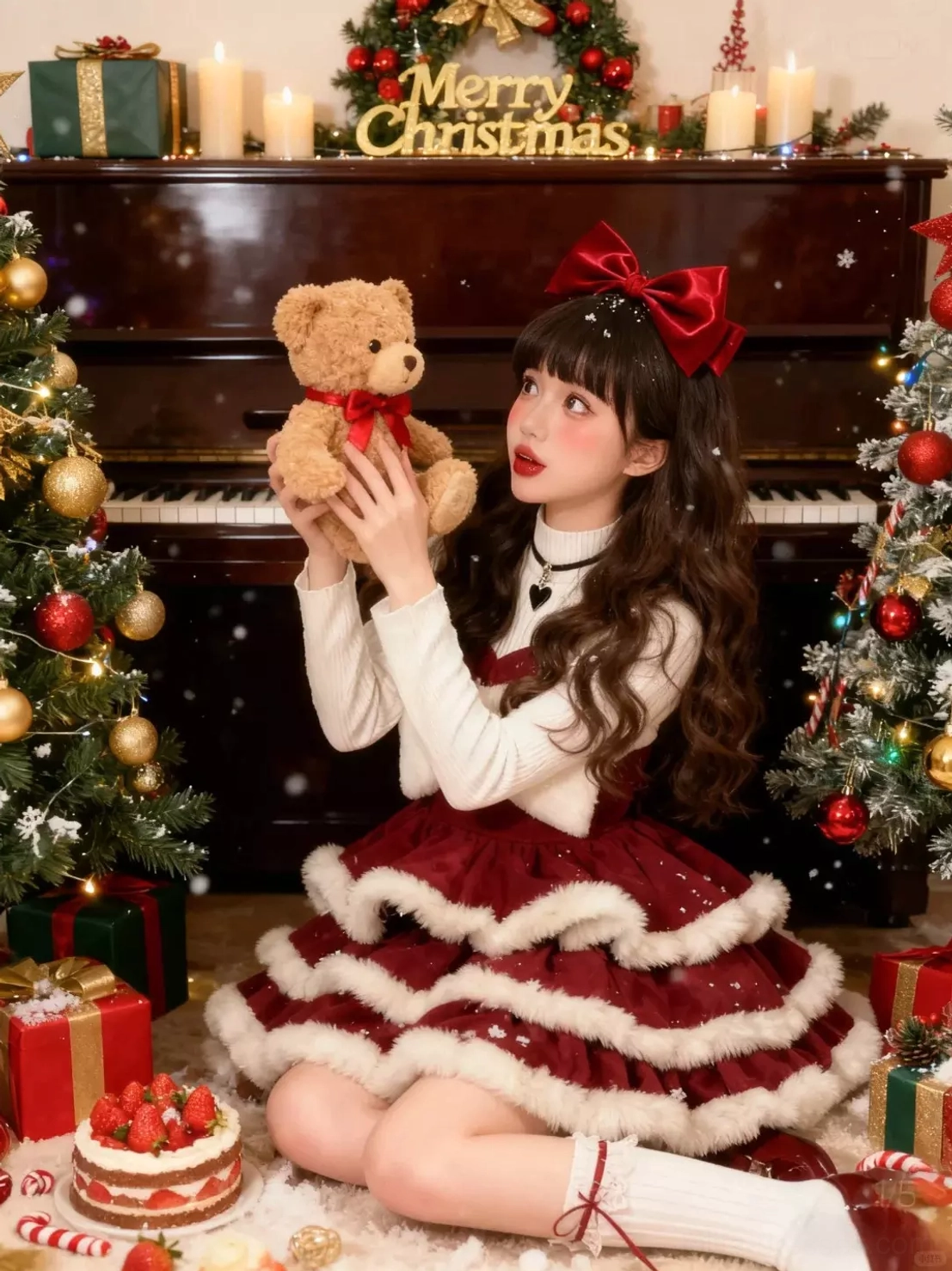 Christmas sweet lolita dress on model kneeling pose with red hair bow holding teddy bear festive holiday piano studio scene