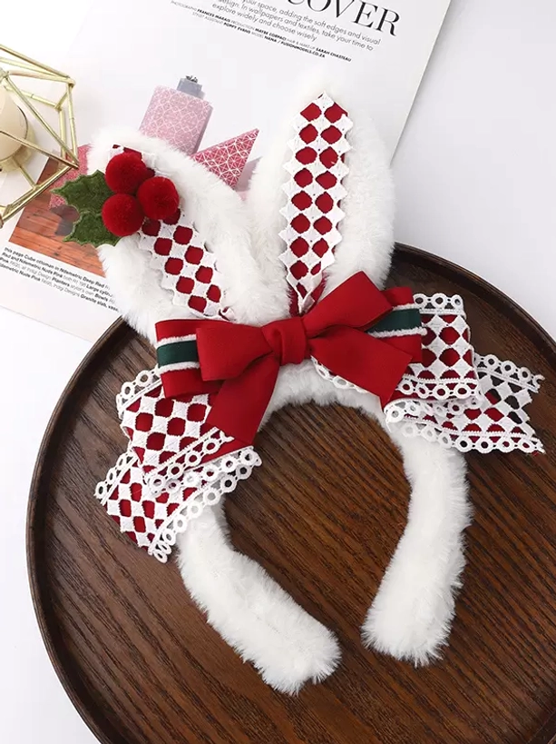 Sweet lolita Christmas rabbit ear headband top-down flat lay shot on wooden tray, complete headband display with fluffy ears, plaid pattern, festive decorations, and lace-trimmed bow