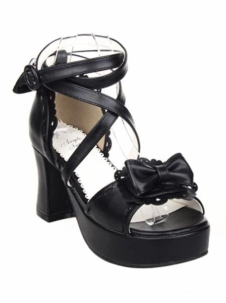 Black lolita chunky heel sandal side profile view showcasing peep toe with bow, platform block heel, and scalloped inner shoe edge detailing